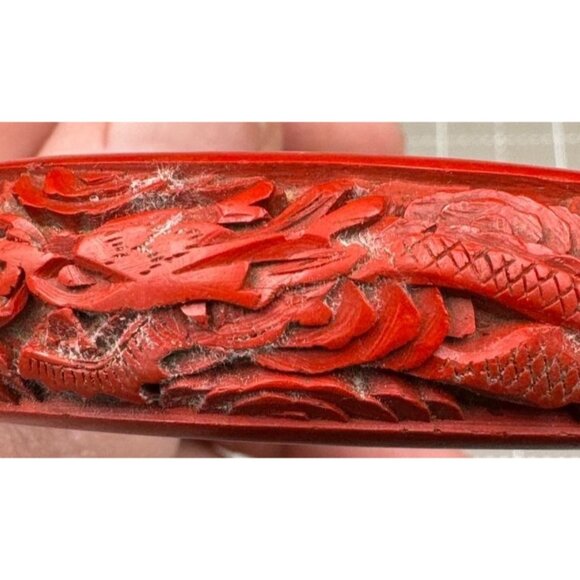 Vintage Hand-Carved Red Cinnabar Dragon Motif Bangle Bracelet - Picture 8 of 9